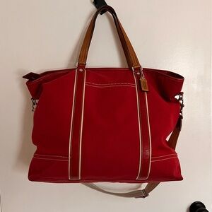 Rare Coach Red Canvas weekend Tote Bag with Tan Straps Leather accents